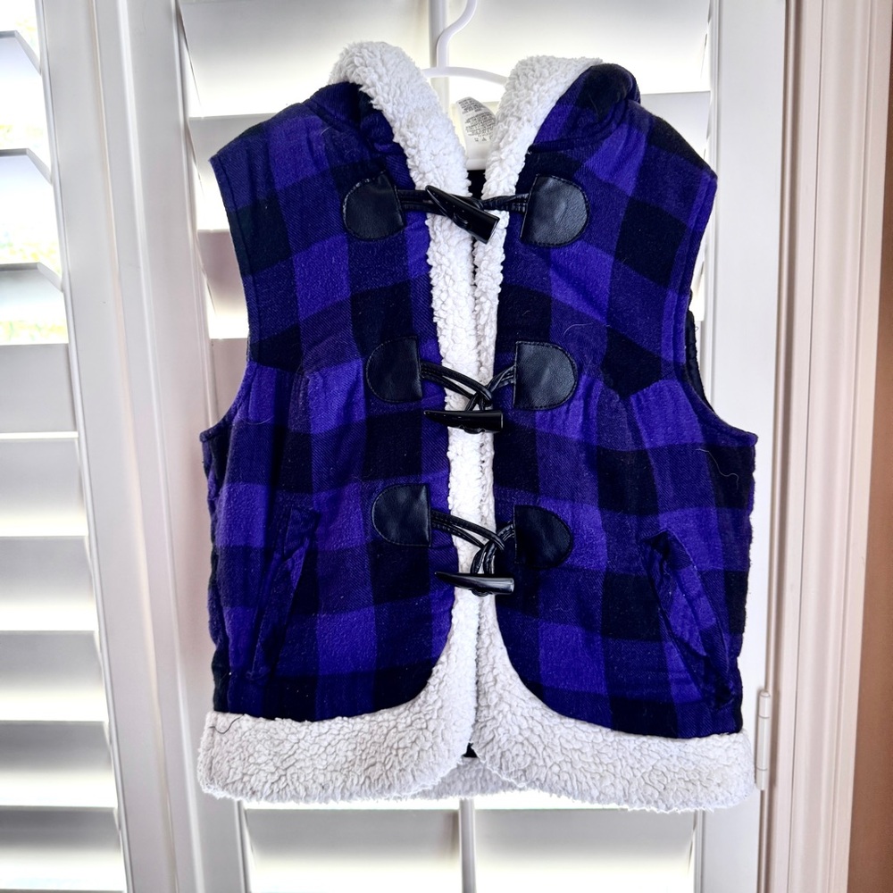 Bongo Girls Plaid Sherpa‎ Lined Vest Purple Black Toggle Hooded 7/8